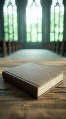 close up of vintage book on wooden table in serene church setting, with soft light filtering through large windows