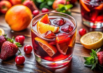 Macro Close-up of Refreshing Red Sangria with Fruit & Ice