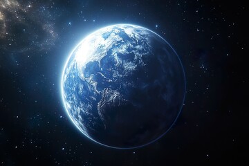 Obraz premium This is a space photography image of a beautiful blue planet that looks like Earth in a vast dark space with shining stars.