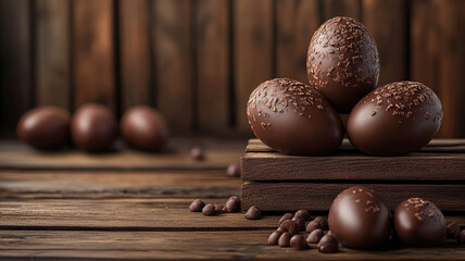 Chocolate Easter eggs. Chocolate eggs on a rustic wooden background. Chocolate eggs in the nest.