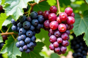 Fototapeta premium Lush Red and Blue Grapes Hanging on Vine Vineyard Harvest Fresh Fruit