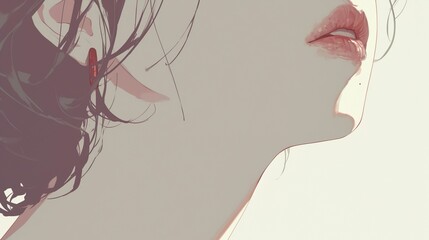 lose-up illustration of a woman's chin, lips, and neck, with loose strands of hair, rendered in a delicate, minimalist style with a focus on soft lines and subtle shading. 