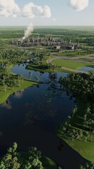 Aerial View of a Serene Landscape with Lakes and Industrial Complex in the Distance