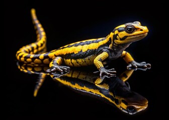 Vibrant Yellow & Black Lizard, Long Tail, Isolated on Black Background - Stock Photo