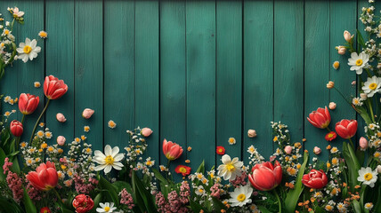 Green boardwalk background and wild, garden flowers. Space for the text.