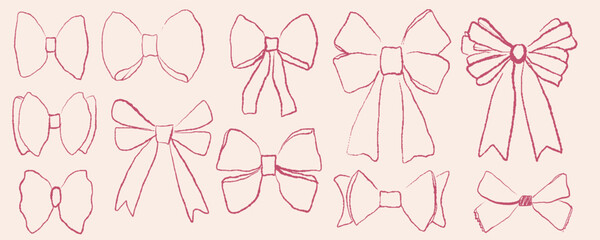 Set of handdrawn decorative bows and hearts, perfect for invitations, greeting cards, or scrapbook design. Vector illustration