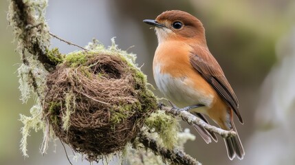 Fototapeta premium Bird Observing Nest in Lush Forest Setting - A Serene Nature Scene Captured in Detail