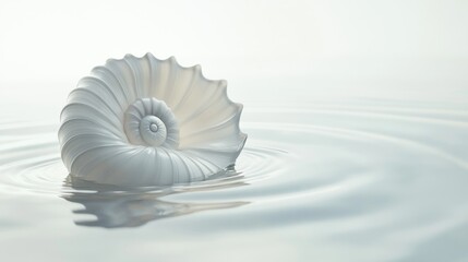 Obraz premium White spiral shell floats on calm water, creating ripples.