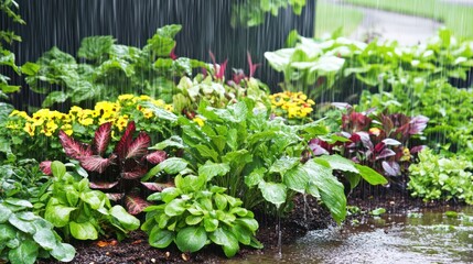 Rain showering vibrant garden flowers