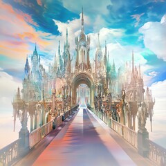 Obraz premium Majestic fairytale castle at sunrise. Dreamlike architecture, vibrant colors, and enchanting cloudscape.