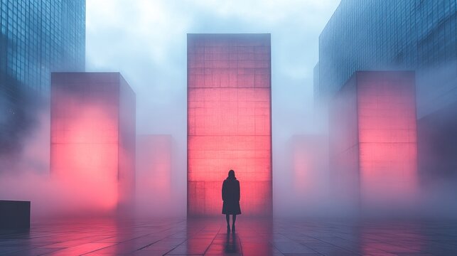 Woman in foggy city with glowing red structures.