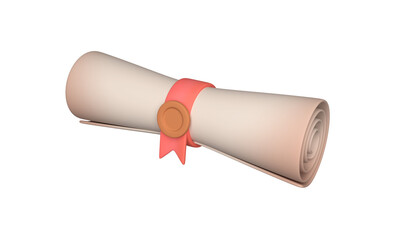 Old paper scroll. Ancient antique papyrus with seal, tied with ribbon. 3d rendering.