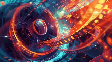 An abstract illustration of a film reel unraveling, transforming into a flow of glowing stories
