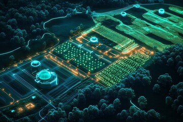 Aerial night view of a futuristic, illuminated agricultural facility.  High-tech farming, sustainable technology, and precision agriculture concepts.