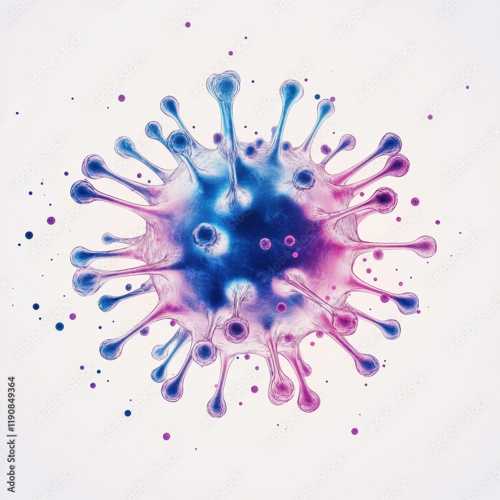 Poster detailed virus illustration showcasing a unique blend of colors and shapes on a clean background for