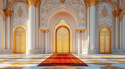 Obraz premium A grand royal palace doorway with gold accents, intricately carved wood, and a richly adorned red carpet leading into an opulent space