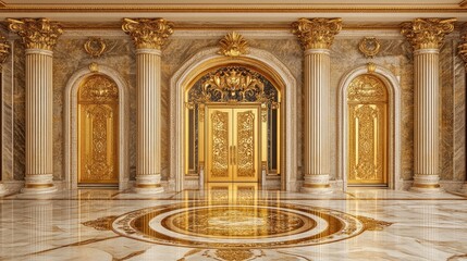Obraz premium A grand royal entrance with golden doors, flanked by marble columns, leading into a lavishly decorated royal palace room