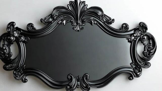 Elegant black ornate mirror with intricate designs hanging on a light wall