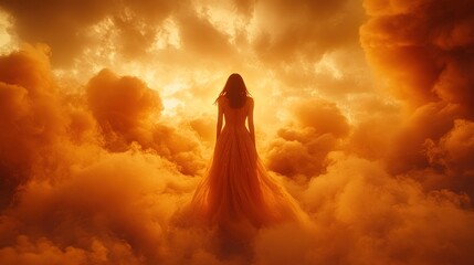 Woman in long dress standing on fiery clouds, back view.