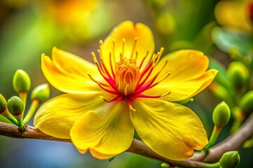 Fototapeta premium Macro Photography: Single Yellow Ochna Integerrima Blossom - Vietnamese Heritage Flower