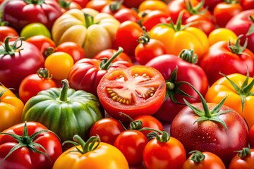 Fototapeta premium Macro Photography: Sliced Tomatoes on White Background - Vibrant Colors and Juicy Textures