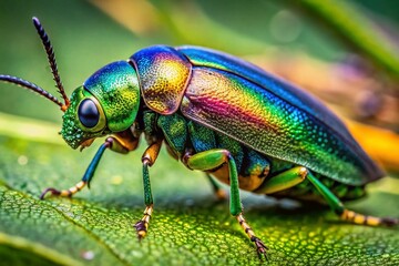 Naklejka premium Macro Photography: Vibrant Brush Jewel Beetle Close-Up - Stunning Insect Detail