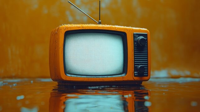 Retro orange TV with static screen. Generative AI