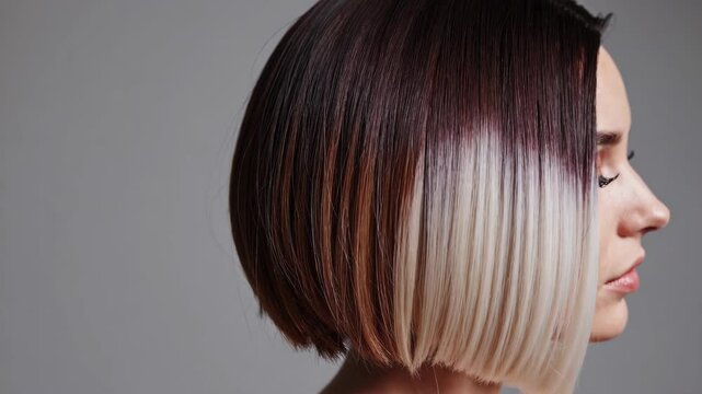Ombre bob short hairstyle. Beautiful hair coloring woman. Trendy haircuts. Blond model