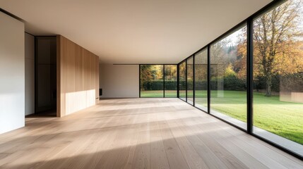 Obraz premium A spacious, modern interior with large glass windows, wooden flooring, and a serene view of greenery outside.