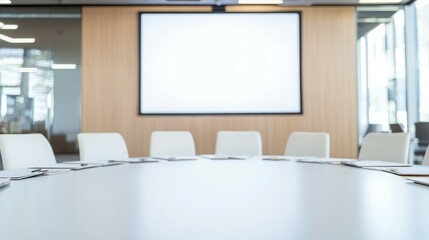 A modern conference room with a large table and a blank screen for presentations.