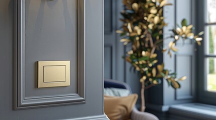 A chic light switch in brushed gold exudes elegance against a muted gray wall, elevating the room with its luxurious design and warm metallic hue.