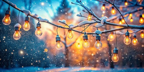 Vintage Festive Light Bulbs Glowing in a Snowy Winter Wonderland Scene