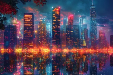 Fototapeta premium Bright modern urban skyline reflecting on still water under a colorful night sky with vibrant lights illuminating the scene and showcasing the beauty of city life