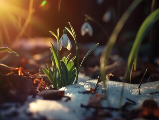 Spring background with snowdrops in thawed patches in a sunlit forest.
