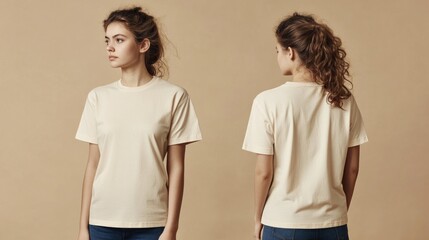 Woman in cream t-shirt, front and back view.