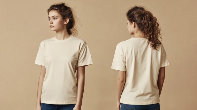 Woman in cream t-shirt, front and back view.