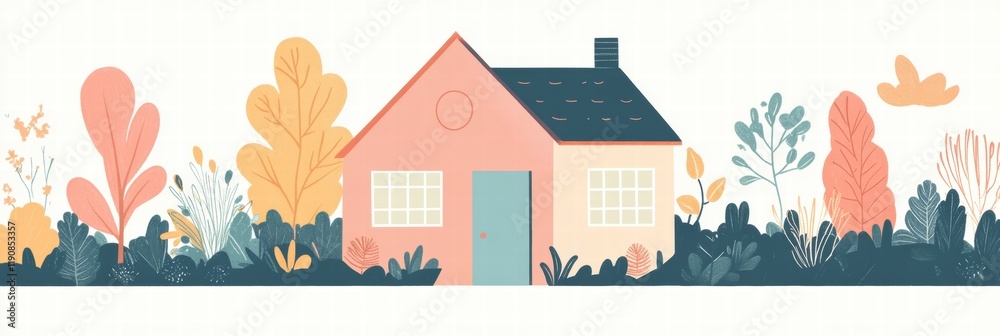 Poster cozy silhouette of a simple house surrounded by a colorful garden creating a warm atmosphere for rel