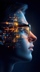 Futuristic Portrait of a Young Person with Virtual Data Overlay, Reflecting Technology and Innovation in a Dark Environment