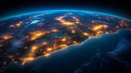 Fototapeta premium Satellite view of Earth highlighting illuminated urban areas and coastlines at night showcasing the vibrant interplay of natural and artificial light