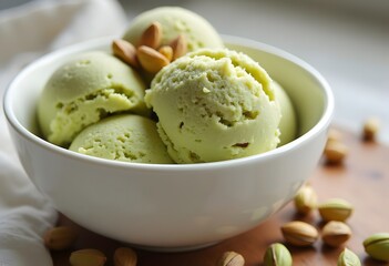 Pistachio ice cream with mint and chopped nuts.
