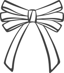 Ribbon bow and tie with knot for hair. Cute black doodle illustration. Vintage hand drawn outline decorative girly accessory. Fashion element for birthday and Christmas