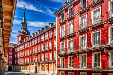 Fototapeta premium Madrid Plaza Mayor Red Facade White Shutters - Spanish Architecture Stock Photo