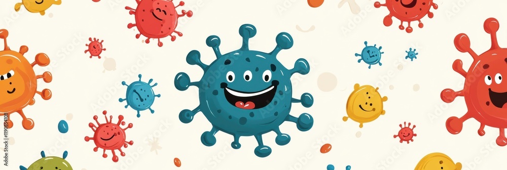 Poster cartoon microbes smiling happily in a colorful and cheerful pattern on a light background. generativ