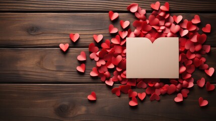 Romantic backdrop with scattered red hearts and blank cardboard for love notes or messages on rustic wooden table