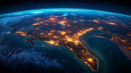 Fototapeta premium View of the southeastern United States at night from space displaying illuminated cities and natural features across the landscape showcasing the effects of urbanization and geography