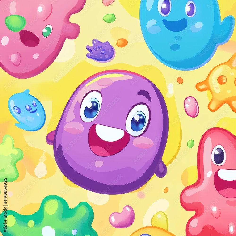 Poster cartoon microbes with cheerful expressions on a colorful background featuring playful designs and br