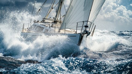 Naklejka premium A sailboat with white sails navigates through rough ocean waves under a dark