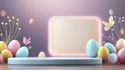 Fototapeta premium Easter's Day Eggs Easter Lily Neon Colorful Easter eggs on a decorative, pastel backdrop.