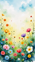 Watercolor wildflowers in a meadow with soft blue sky background
