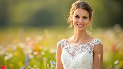 Naklejka premium A radiant bride smiles gracefully in a vibrant flower field, showcasing her elegant wedding dress and capturing a moment of joy and beauty.